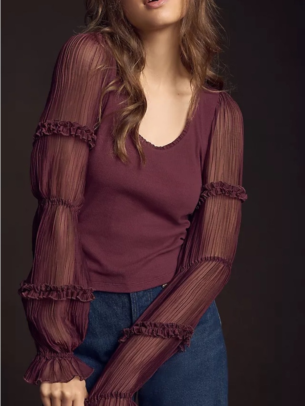 Anthropologie Plus Victorian Burgundy Long-Sleeve Ruffle Sheer-Sleeve Top 1X